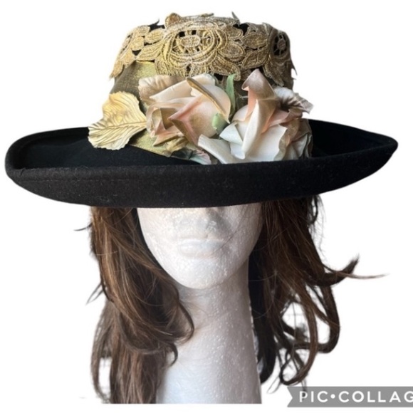 Hooray Henri Accessories - NEW EMBELLISHED FLORAL LACE WOOL HAT HOORAY HENRI BOLLMAN DOESKIN FELT 80S